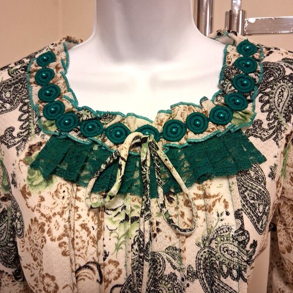 NWT Women's Teal Blue Beige Printed Lined Blouse ¾ Sleeve Pleated Top 8 M - Picture 6 of 9